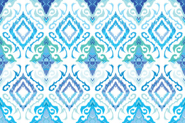 Ikat seamless pattern, geometric design, motif ethnic handmade, Ikat ethnic tribal, boho colors seamless wallpaper. Ethnic Ikat abstract background art.