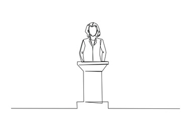 One continuous line drawing businesswoman speaking at the podium. Female politician speaking  in single line illustration.