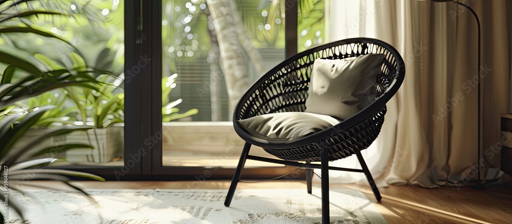 Poster black rattan chair positioned by the window in an interior setting. copy space image. place for addi