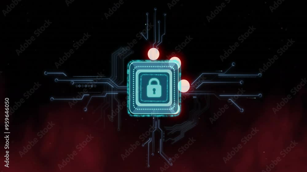 Poster lock icon with circuit lines, data security animation over dark background