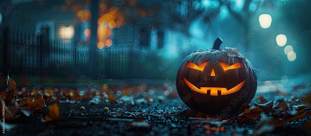 Poster halloween pumpkin at night. copy space image. place for adding text and design