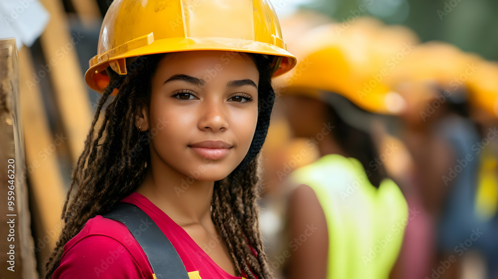 Poster Young girl with a construction helmet in a busy work environment.