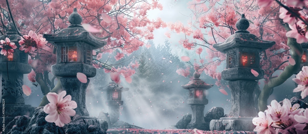 Poster scenery featuring stone lanterns and cherry blossoms. copy space image. place for adding text and de
