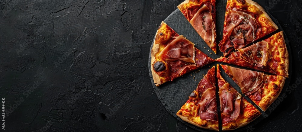Poster slices of pizza topped with prosciutto and spices on a black background copyspace top view