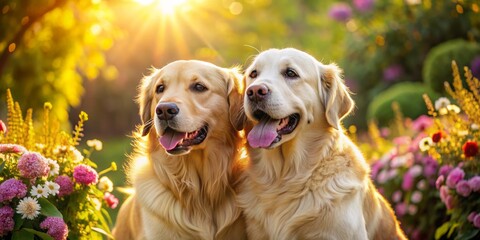 photo image of two energetic golden retrievers embracing each other in a sun-drenched backyard filled with blooming flowers