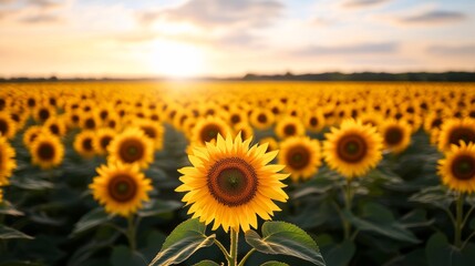 Fototapeta premium Aerial shot of a sprawling sunflower field with intricate geometric patterns formed by rows of sunflowers, set against a bright azure sky, Digital Art, High resolution, Sharp details