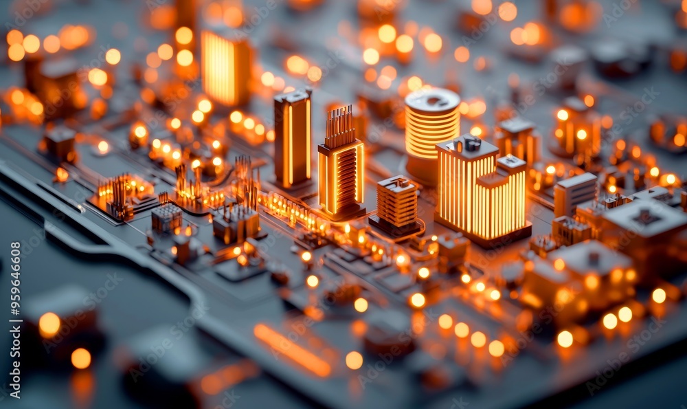 Poster 3d visualization of a smart city network with illuminated buildings and data flow circuitry.
