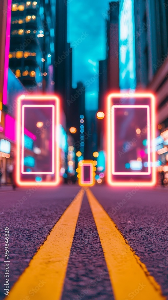 Poster futuristic neon cityscape with double frames for smart city technology and data flow concepts.