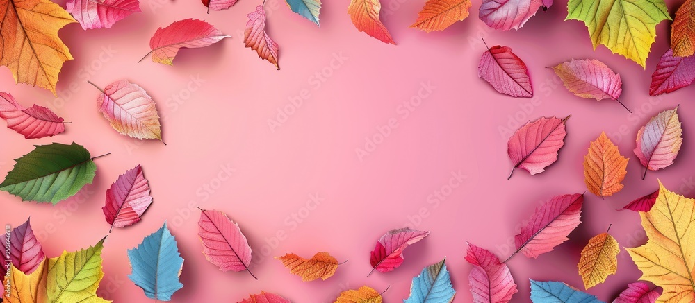 Poster Multicolored autumn leaves set against a pink background Nearby there is a copy space