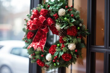 Close-up of a wreath made of fluffy Christmas tree branches hanging on the front door decorated with ribbons and balls