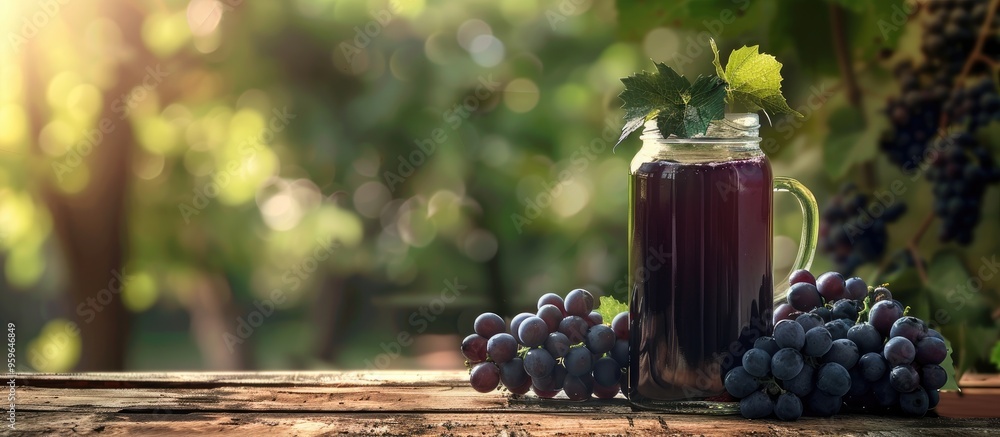 Poster cool grape juice in a glass jar on aged wood with a tree backdrop fresh beverage and health theme. c