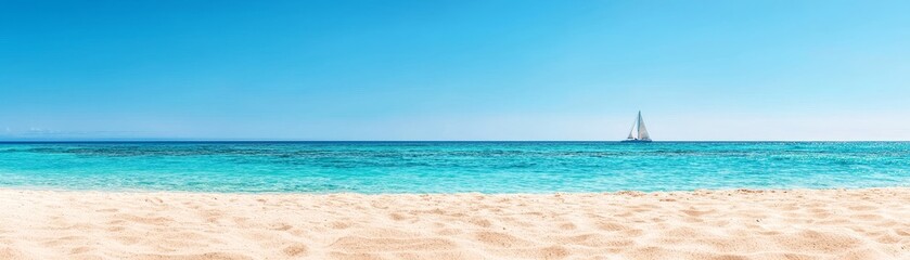 Obraz premium tranquil beach scene with sailboat on the horizon and crystal clear turquoise water