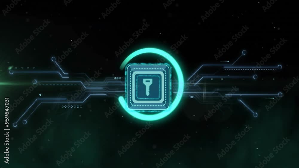 Poster key symbol inside glowing circle, cybersecurity animation over digital circuit background