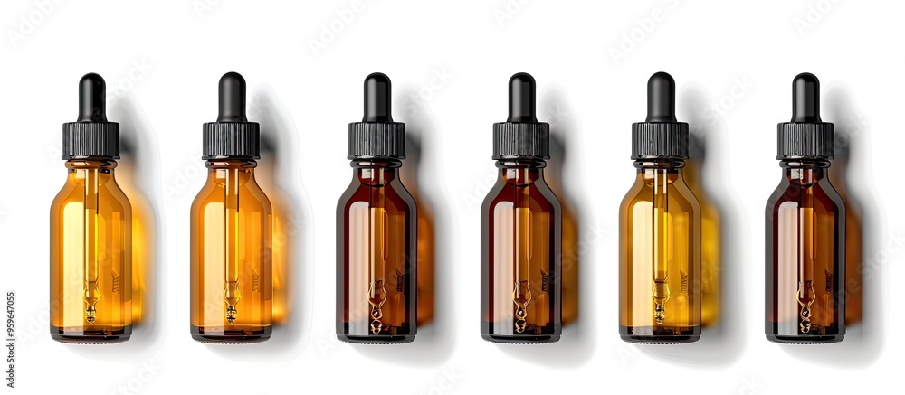 Poster new empty glass bottles with droppers isolated against a white background. copy space image. place f