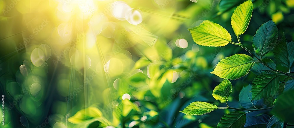 Poster young green leaves illuminated by sunlight in nature natural background of spring and summer. copy s