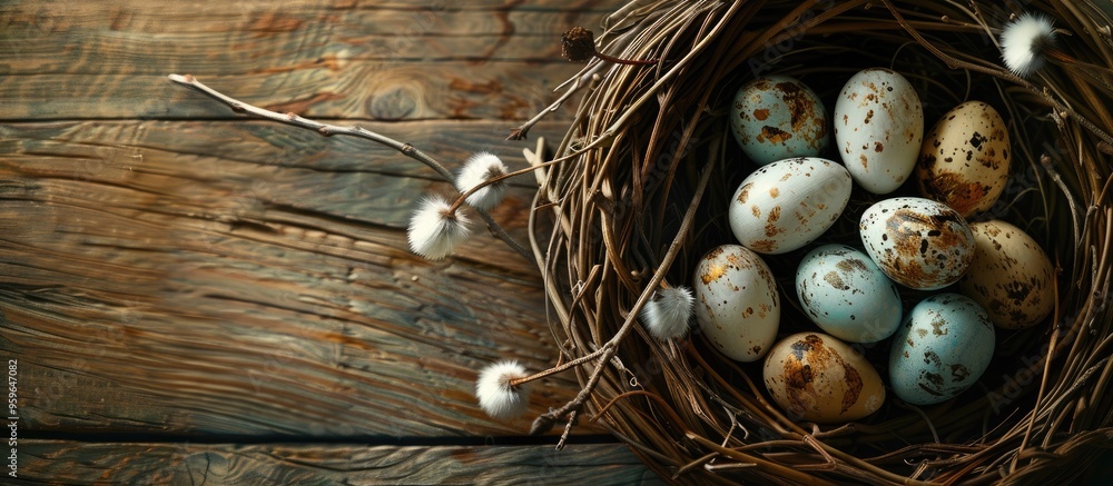 Poster flat lay arrangement of a wicker nest featuring painted easter eggs and pussy willow on a wooden tab