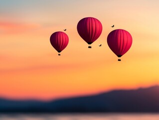 Obraz premium three red hot air balloons ascending against a vibrant sunset sky with silhouette birds and mountain ranges in the background.