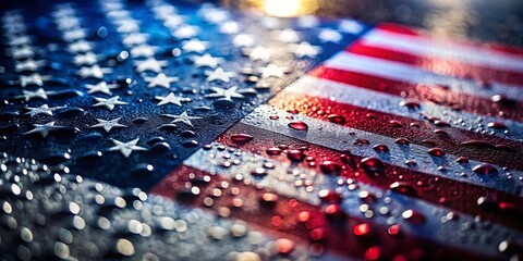 Close-up shot of American flag on wet surface, illuminated by soft focus light in background