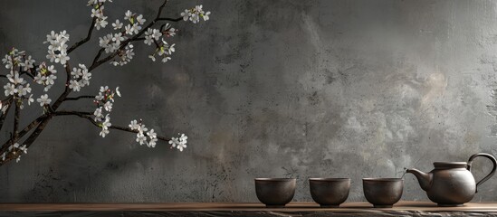 Tea drinking in wabi sabi Japanese style features dark clay cups and a teapot on a wooden tea table adorned with blooming cherry branches The background consists of textured grey concrete