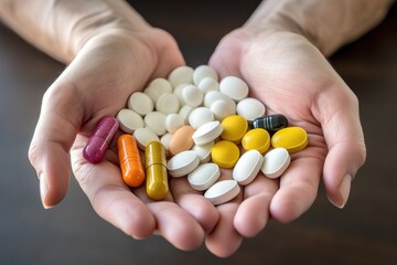 Multi-colored tablets, pills and capsules in the hands.