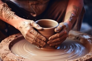 Close-up hands of a potter sculpting a pot, a bowl from raw clay on a potter's wheel in a ceramic workshop.