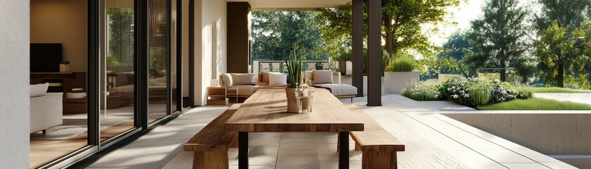 Fototapeta premium Modern Outdoor Patio with Wooden Furniture and Lush Greenery in a Contemporary Home Setting