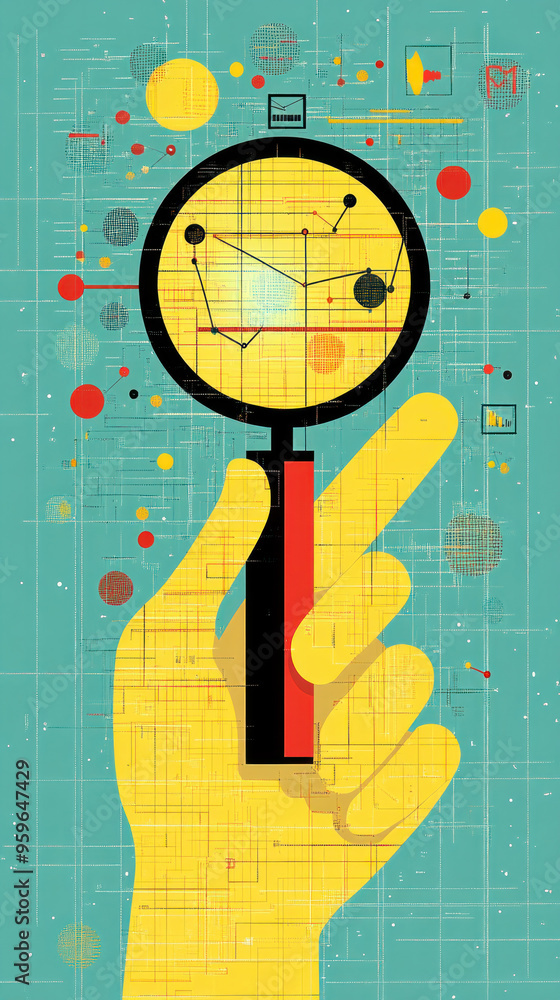 Poster a hand holding a magnifying glass over a blue background with a lot of dots. the image is a represen