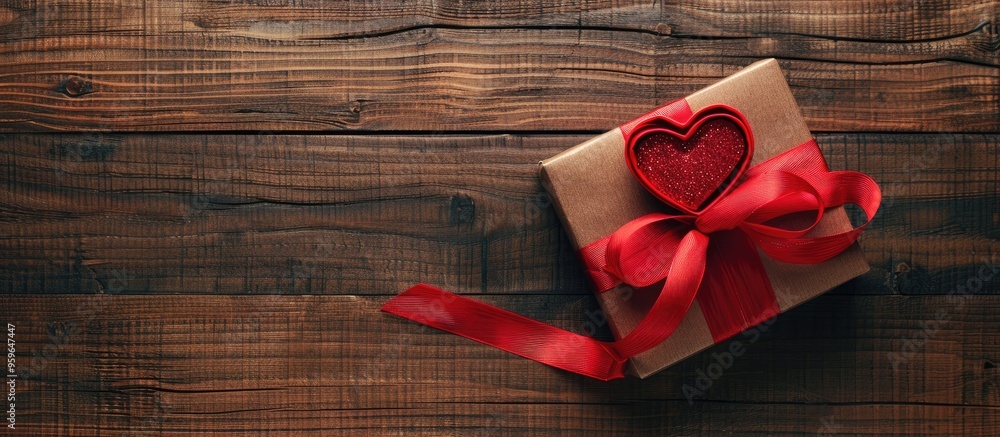 Poster gift box featuring a red bow ribbon and a paper heart on a wooden table for. copy space image. place