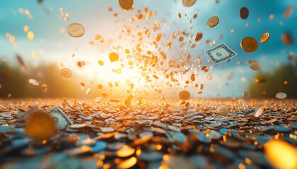 Pay day scene, coins and bills falling from the sky, money abundance, 3D illustration