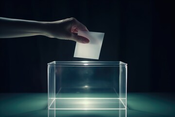 A voter's hand places a ballot into a transparent glass ballot box for an election.