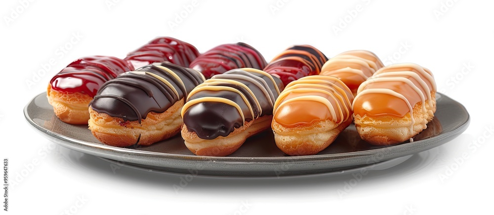 Poster plate with assorted glazed eclairs set against a white background. copy space image. place for addin