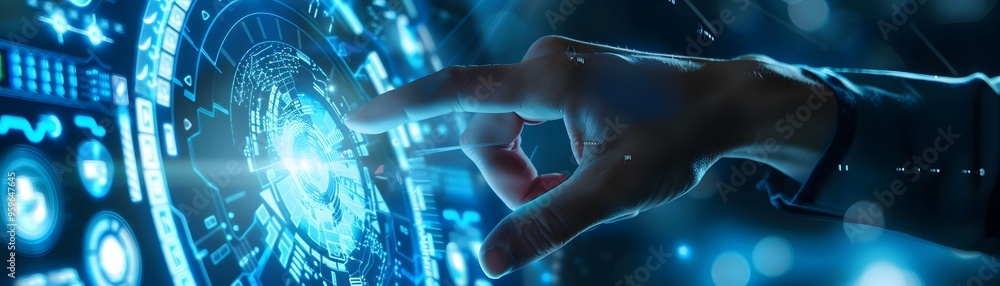 Poster futuristic user interface technology with touch screen interaction, showcasing advanced digital inno