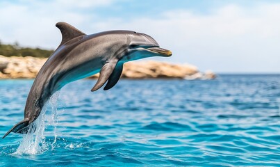 playful dolphin leaping from the water with a blue sky and calm ocean background in the mediterranean sea.