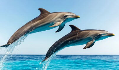Fototapeta premium two playful dolphins leaping from the ocean in a clear blue sky - aquatic wildlife photography