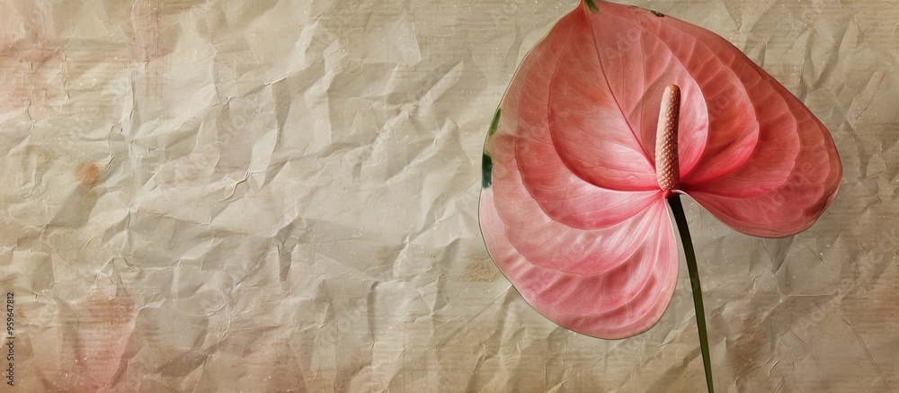 Poster textured vintage paper background featuring a pink anthurium isolated. copy space image. place for a