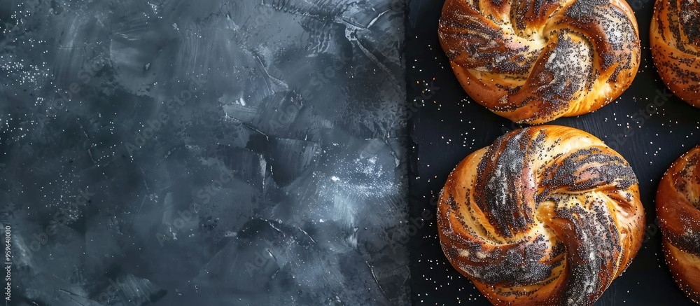 Poster homemade bread top view of braided bread topped with poppy seeds. copy space image. place for adding