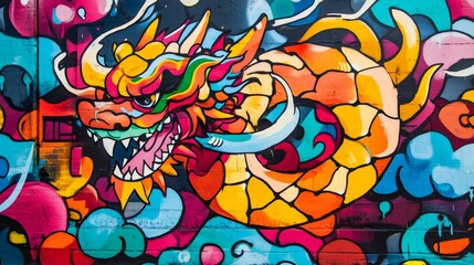 Obraz premium Colorful graffiti mural with a dragon on a brick wall.