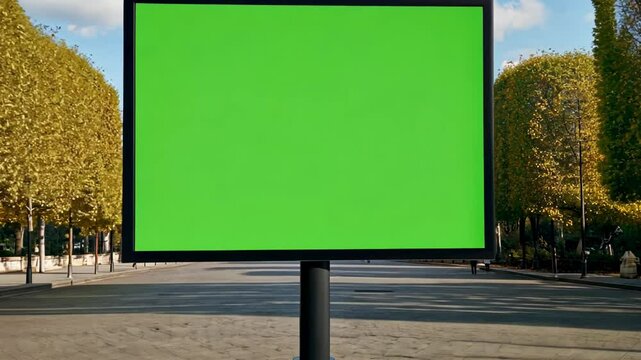 A large green billboard stands on an empty Paris street with the Eiffel Tower in the background, perfect for advertising, travel promotions, and New Year's Eve celebrations
