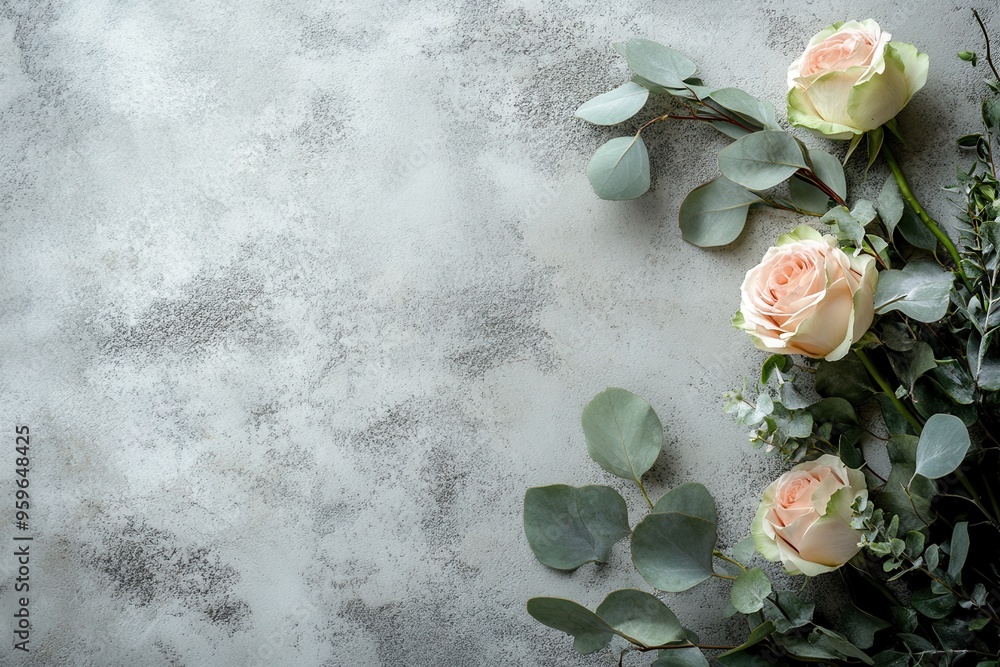 Poster A stylish arrangement of soft pink roses and lush eucalyptus leaves rests elegantly on a textured concrete background. Generative AI