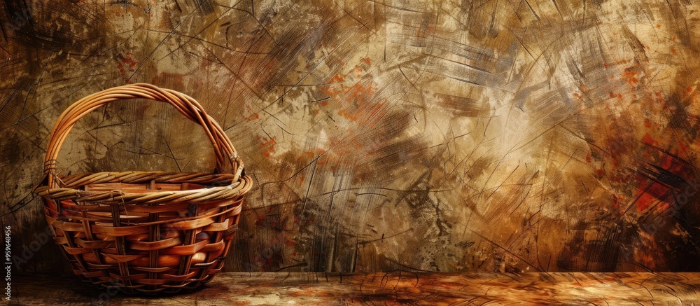 Poster textured aged paper background featuring a large harvest basket. copy space image. place for adding 