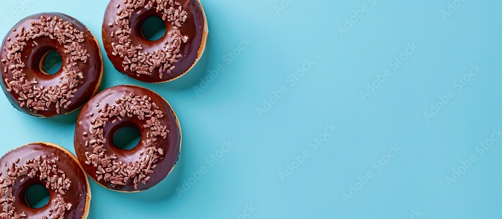 Poster chocolate donuts on a vibrant blue background top view. copy space image. place for adding text and 