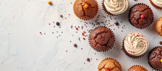 Assorted muffins on a light background Freshly baked cupcakes Concept of celebration Top view flat lay copyspace
