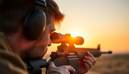 Silhouette of Hunter with Rifle at Sunset