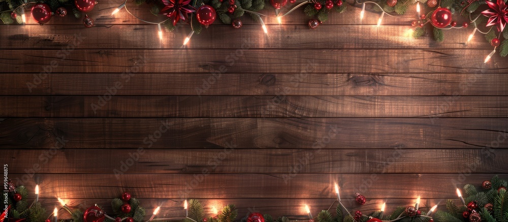 Sticker Electric Christmas garland on a wooden surface. Copy space image. Place for adding text and design