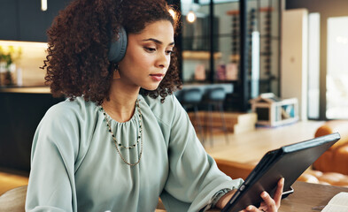 Internet, woman and headphones with tablet in home for elearning, online course and transcription...