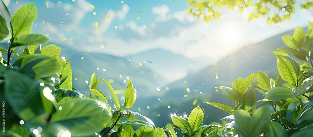 Poster backlit green leaves set against a blue sky and mountain backdrop with sunbeams in the early morning