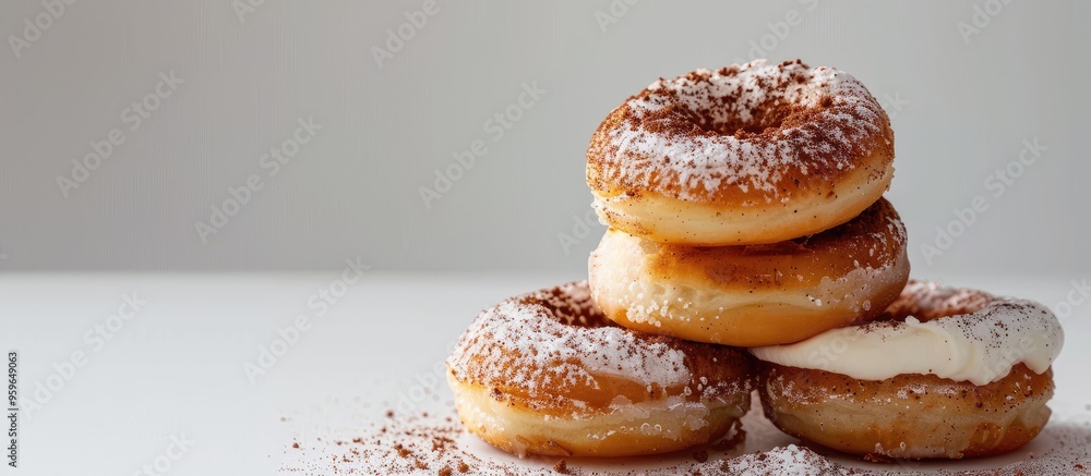 Poster homemade sweets red bean paste in a donut topped with cinnamon powder and cream. copy space image. p