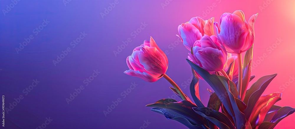 Canvas Prints Pink tulip flower illuminated by neon light against a purple gradient background in the night Artistic dark holiday theme Copy space for a greeting card featuring a floral bouquet of fresh blooms Aes