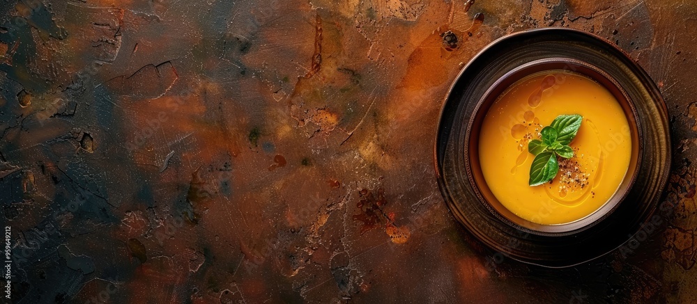 Poster pumpkin cream soup served as the first course viewed from above with copy space for text food backgr