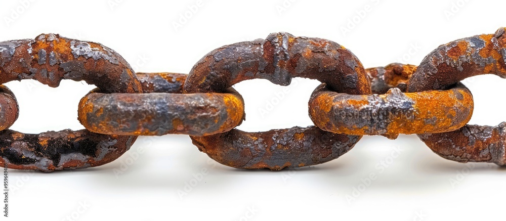 Poster close up of an old rusty chain on a white background with copy space